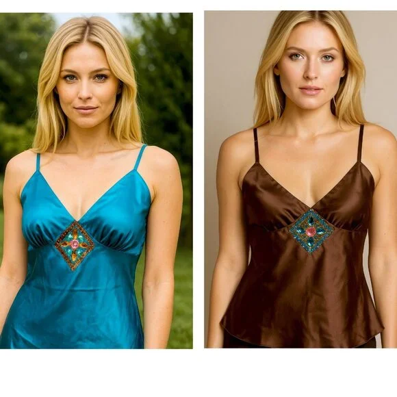 YOU GET BOTH - New NWT Jewel Tone Sequin Silky Cami Tank - Y2K 90s 2000s Retro - Picture 13 of 13